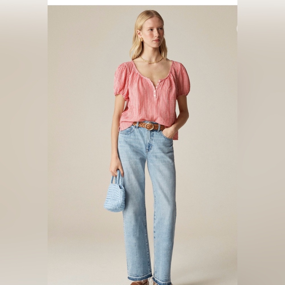 J Crew puffed sleeve Henley in striped gauze, XS - Picture 2 of 8